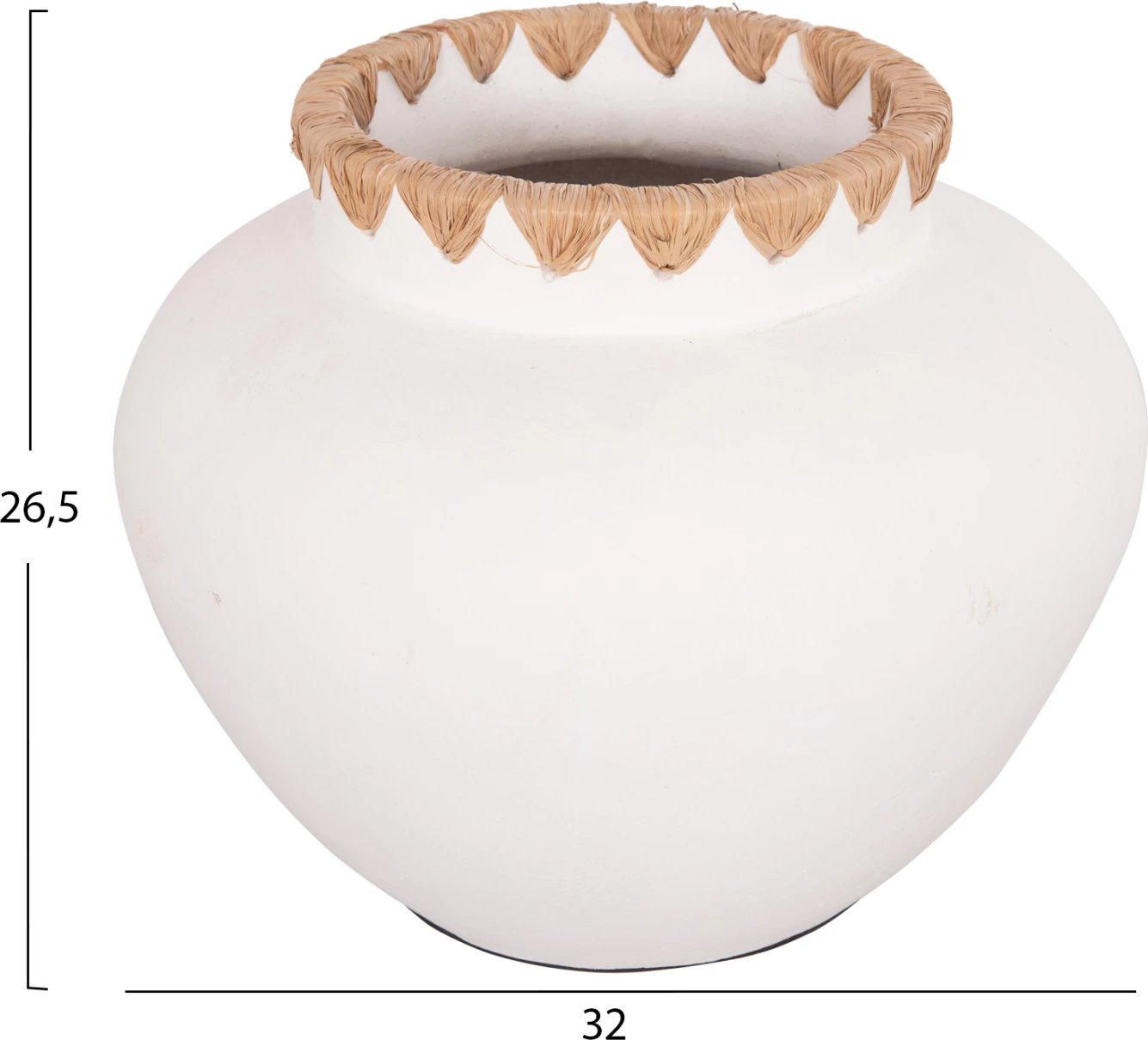 Vazo dekorative RENTON(L), terrakota, ngjyrë e bardhë, me thurje kashte në buzë, Φ32x26.5H cm