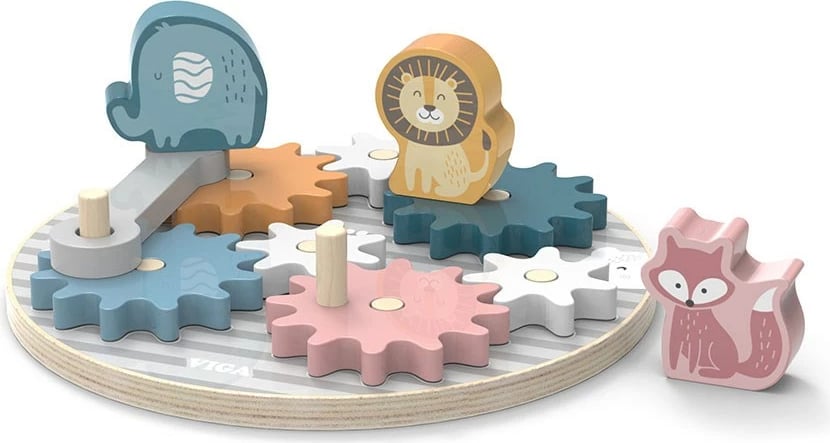Puzël druri, Viga, Gears and Animals, edukativ me 7 ingranazhe dhe 3 figura kafshësh, 18m+, 18x18x7 cm, Multicolor