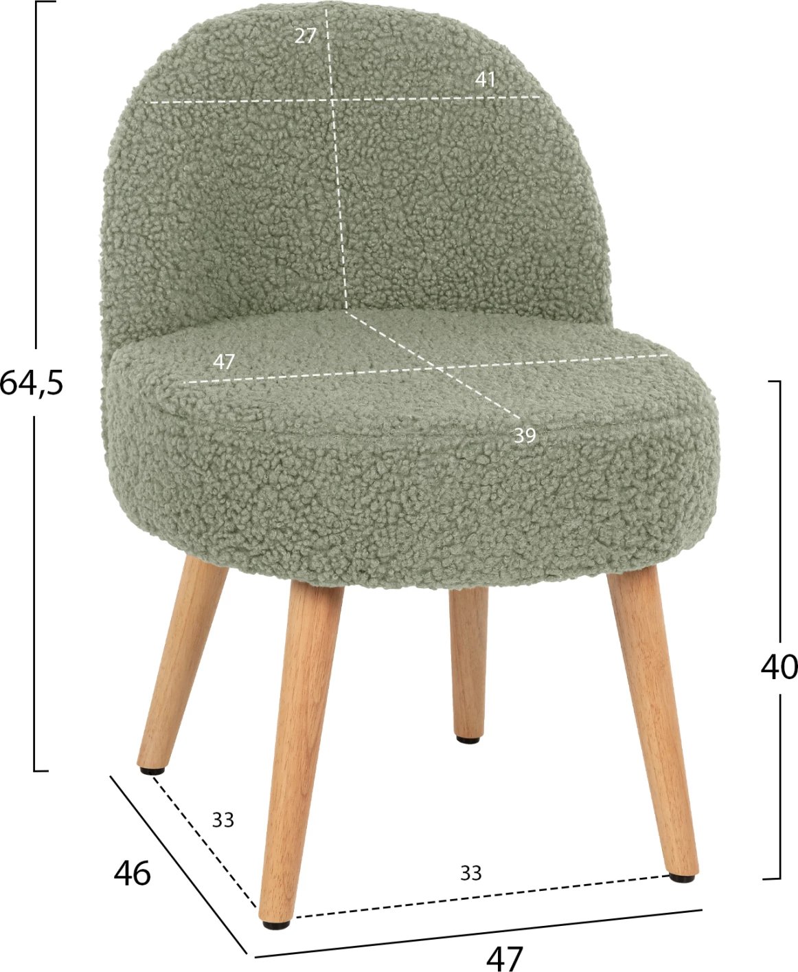 Karrige YASMINE FH8395.27 me mbështetëse të ulët, pëlhurë boucle ngjyrë fistik, këmbë druri, 47x46x64.5 cm.