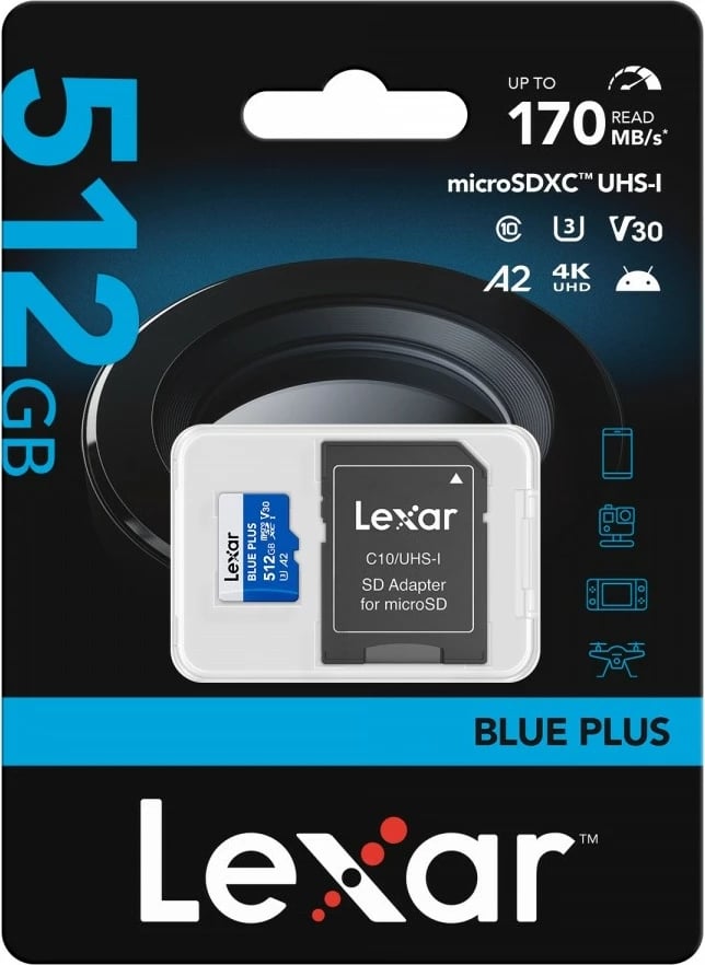 Kartë memorje microSD, Lexar, Blue Plus (LMSBLPL512G-BNANG), 512GB, UHS-I C10 A2 U3 V30, 170MB/s, me adapter SD, blu