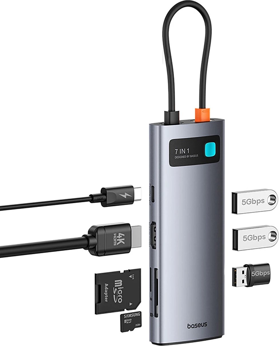 Kasë Baseus Metal Gleam 7in1, HDMI 4K 60Hz, USB-C, 3x USB 3.0, SD/microSD, Gri