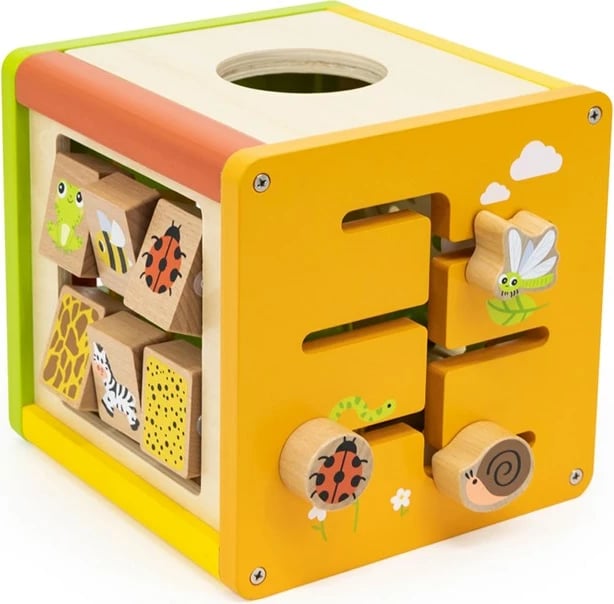 kub edukativ 5-në-1, Viga, dru, me ksilofon, sorter formash, labirint me rruaza dhe kube rrotulluese, multingjyrëshe