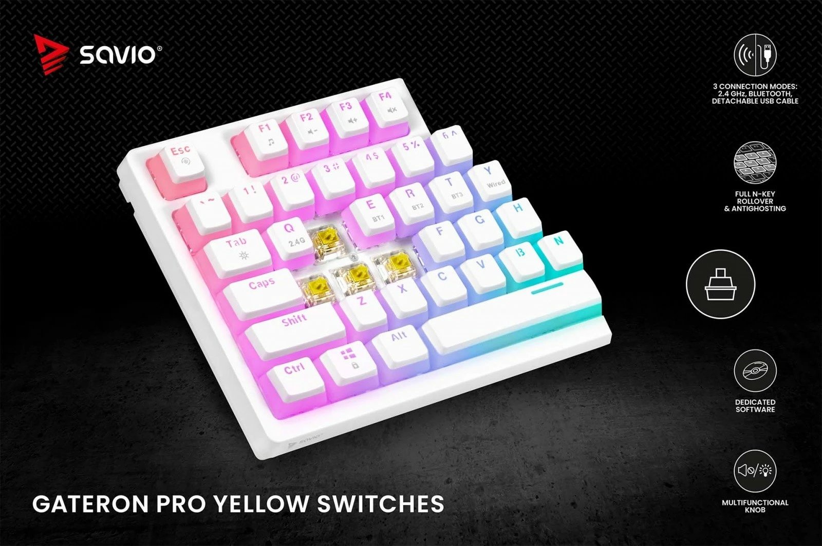 Tastierë mekanike wireless Savio Phenix White, Gateron Yellow, Pudding, RGB Tastierë mekanike wireless Savio Phenix White, Gateron Yellow, Pudding, RGB