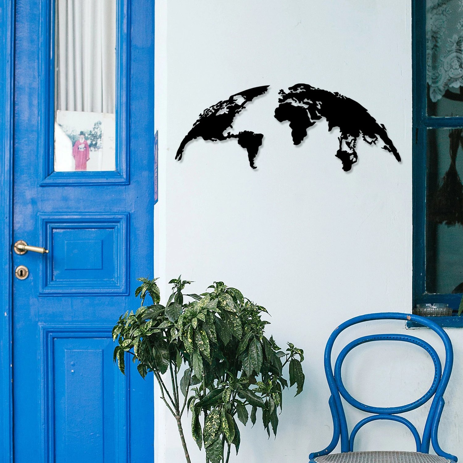 Aksesor dekorativ metalik për mur, hartë bote, ngjyrë e zezë, madhësi mesatare