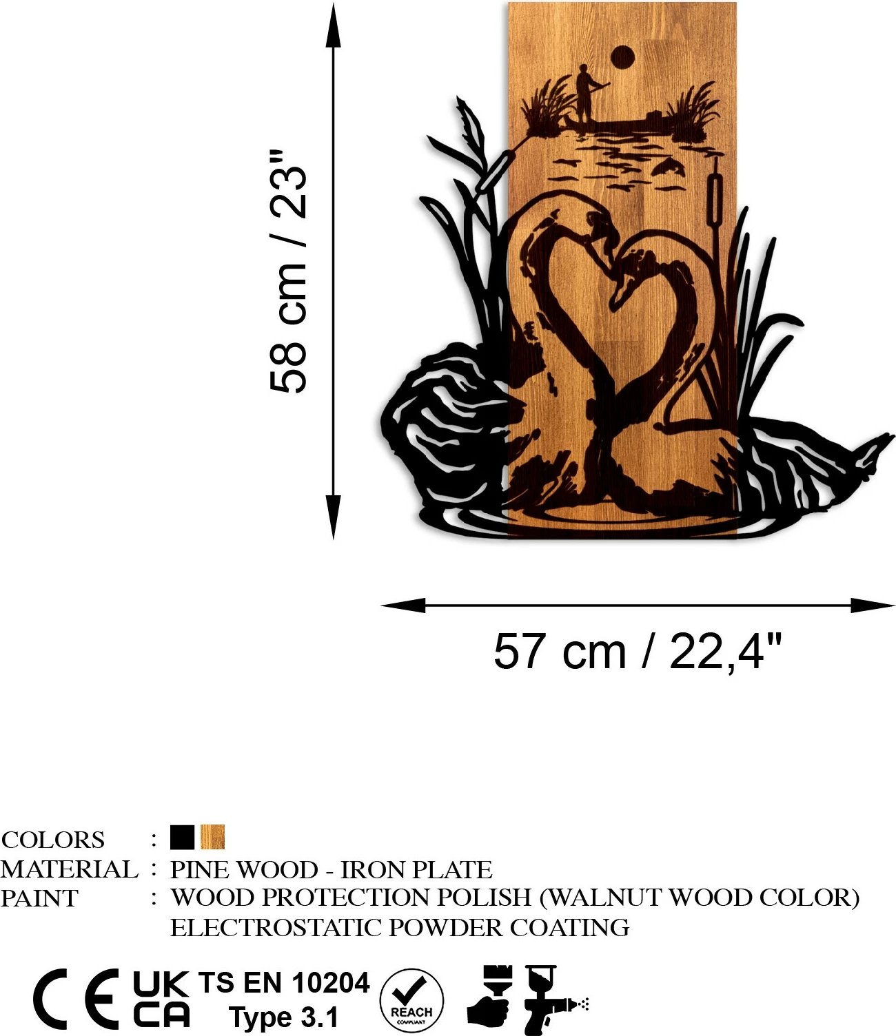 Aksesor dekorativ për mur, druri dhe metal, Swan Lake, ngjyrë arre dhe e zezë