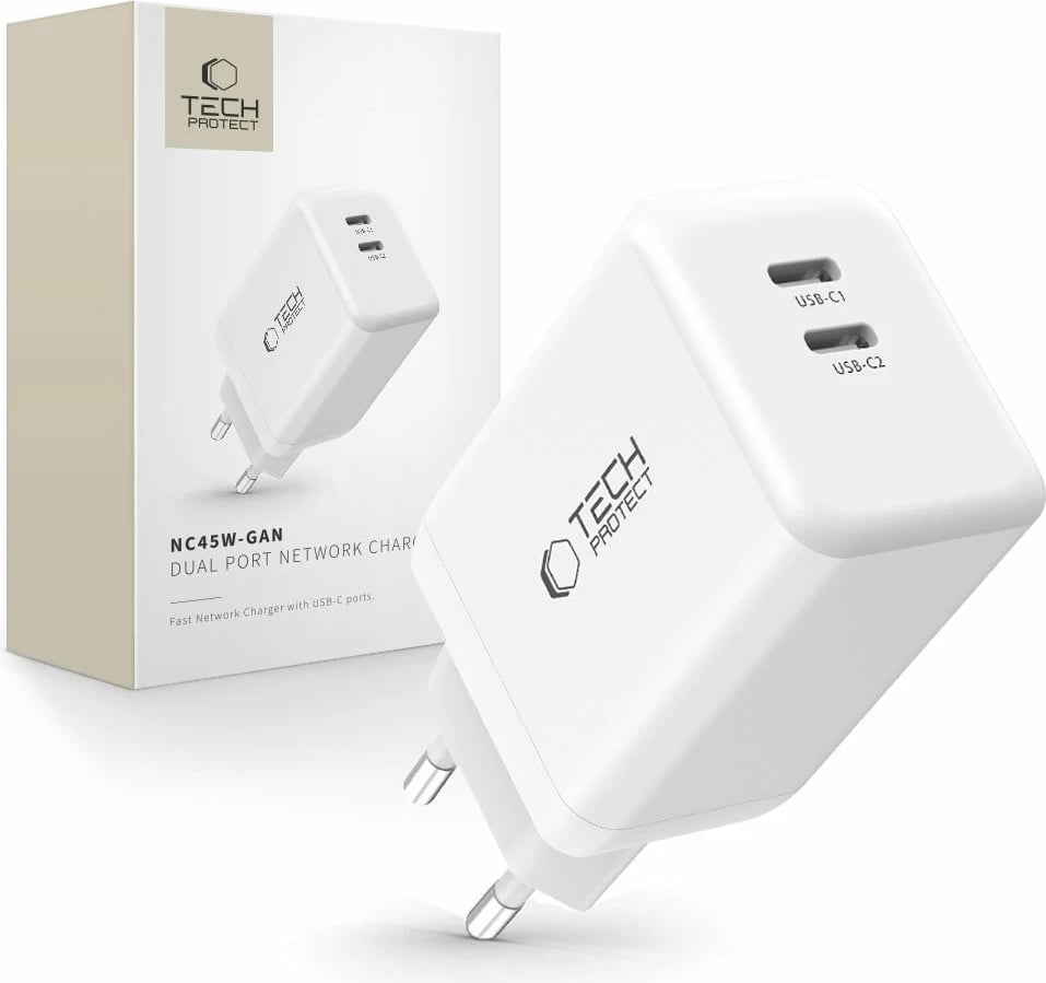 Karikues Tech-Protect NC45W-GAN me 2 porta USB-C, 45W, Bardhë