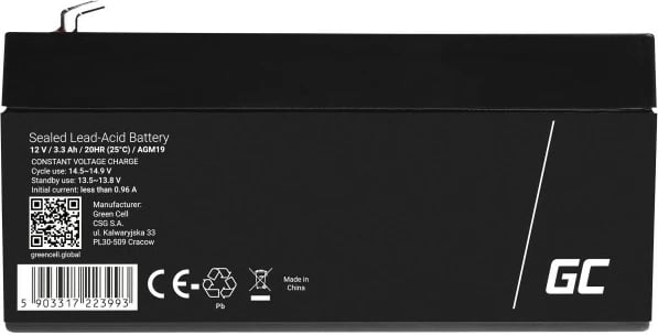 Bateri AGM, Green Cell, AGM19, 12V 3.3Ah, e zezë