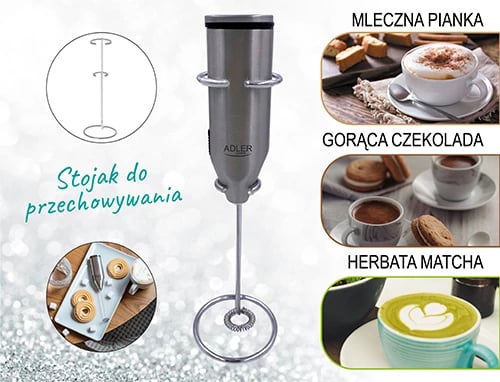 Rrahës qumështi Adler AD 4500, trup dhe tel çelik, me qëndrim, me bateri 2xAA, INOX