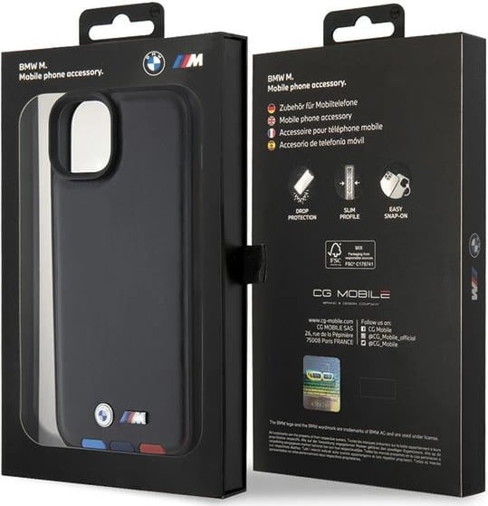 Mbështjellës BMW BMHCP15M22PTDK për iPhone 15 Plus 6.7", Leather Stamp Tricolor, zi