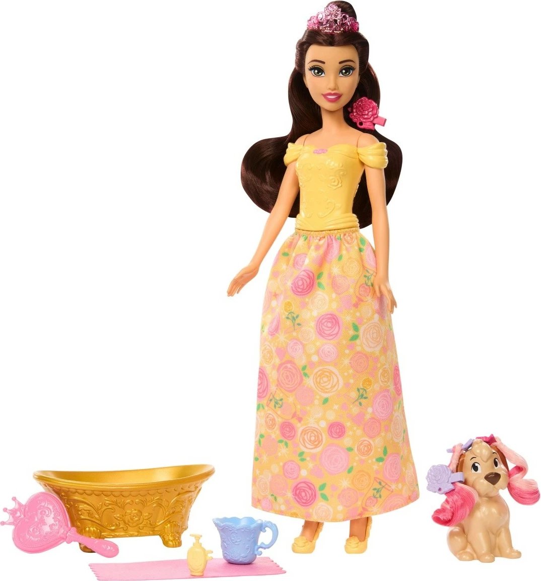 Kukull Disney Princess Belle me qenush dhe aksesorë, Mattel JFC42, Verdhë, set