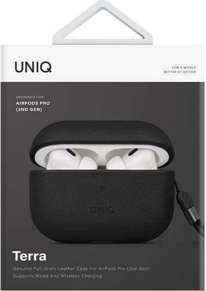 Mbështjellës UNIQ Terra për AirPods Pro 2, lëkurë natyrale, i zi