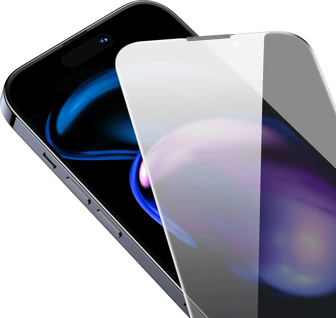 Mbështjellës xhami i temperuar Baseus për iPhone 14 Pro, 0.3mm, Anti Spy, Transparent, me kornizë montimi