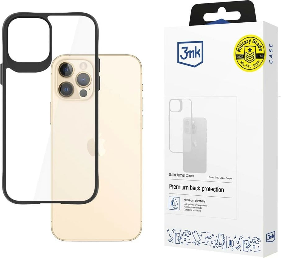 Mbështjellës 3mk Satin Armor Case+ për iPhone 12 Pro Max, i zi/transparente