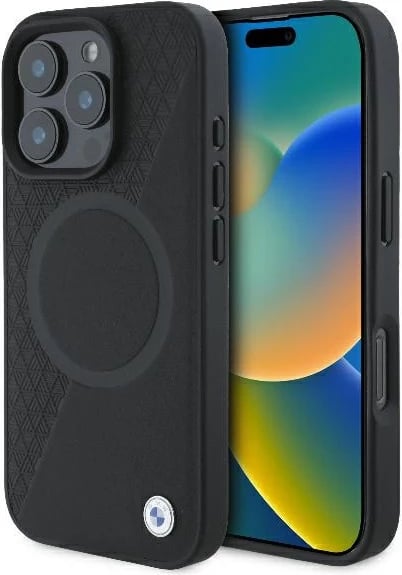 Mbështjellës BMW Signature Leather Half Textured & Circle MagSafe për iPhone 16 Pro, i zi