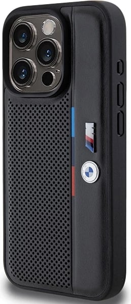 Mbështjellës BMW Perforated Tricolor Line për iPhone 15 Pro Max, i zi