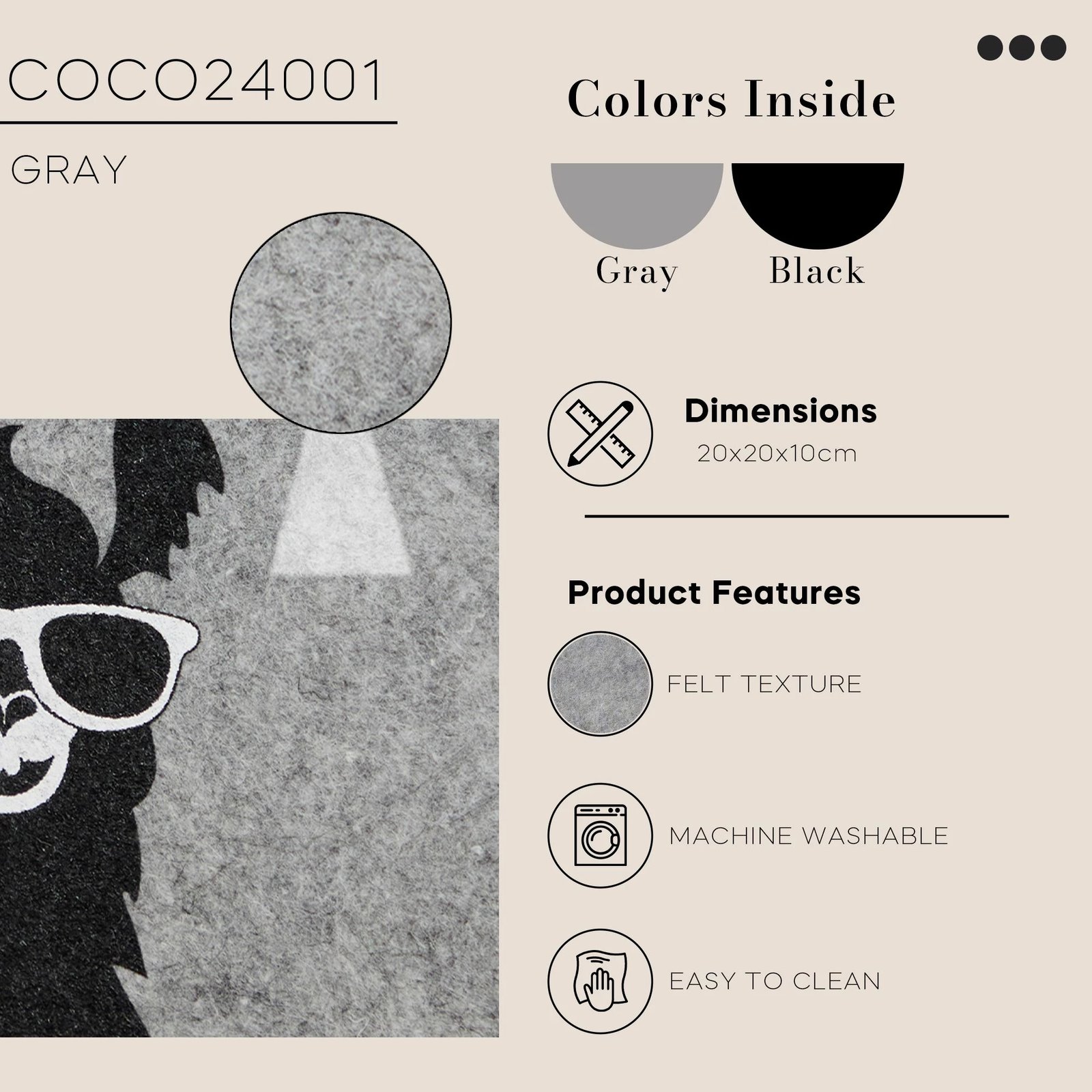 Çantë dore prej ndjesi, gri e zezë, Zoozie Bags, Coco24001