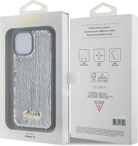 Mbështjellës Guess Sequin Script Metal për iPhone 15, argjend Mbështjellës Guess Sequin Script Metal për iPhone 15, argjend