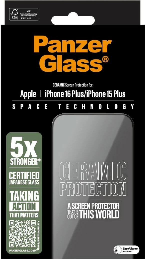 Mbrojtës ekrani PanzerGlass Ceramic për iPhone 16/15 Plus, transparent