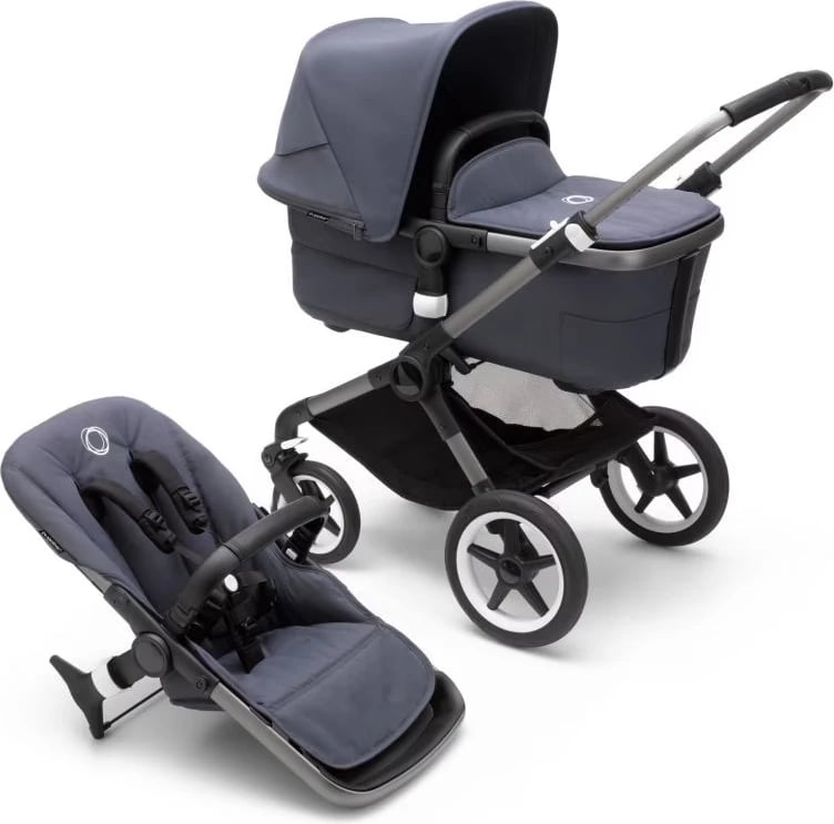 Bugaboo fox 3 carrycot and stroller with graphite frame, stormy blue fabrics and canopy