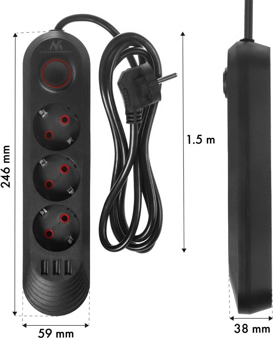 Zgjatues elektrik, Maclean MCE394 B, 3x Schuko + 3x USB, kabllo 1.5 m, 2500W 2.1A, 110-240V, i zi