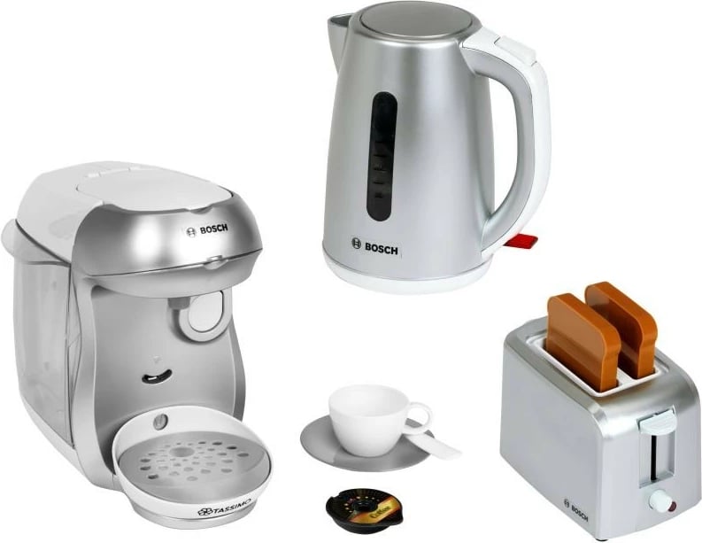 Set lodrash mëngjesi, Klein Bosch 9216, makinë kafeje me efekte zanore, kazan uji dhe toster, për fëmijë 3+, argjendtë, set