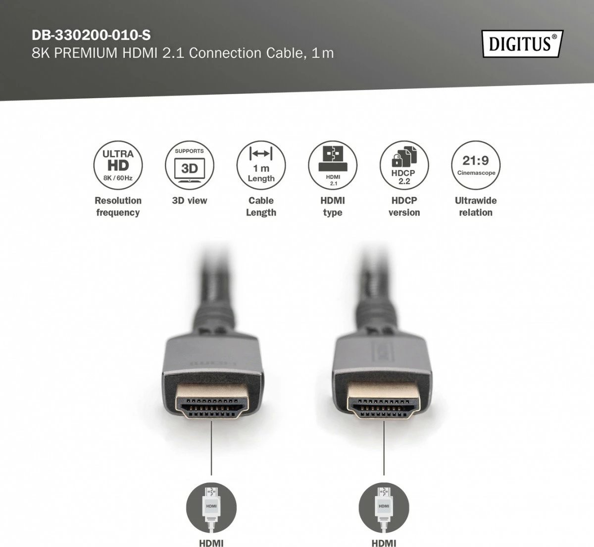 Kabllo HDMI Digitus DB-330200-010-S, Ultra High Speed 8K, 1m, e zezë/gri