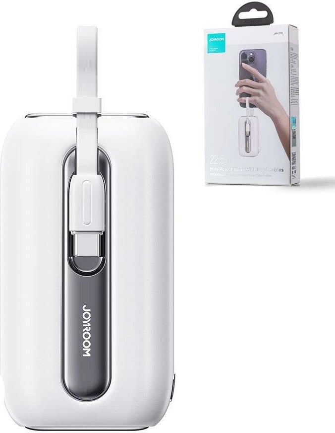Powerbank Joyroom JR-L012, 10000mAh, 22.5W, me 2 kabllo të integruara USB-C dhe Lightning, Bardhë