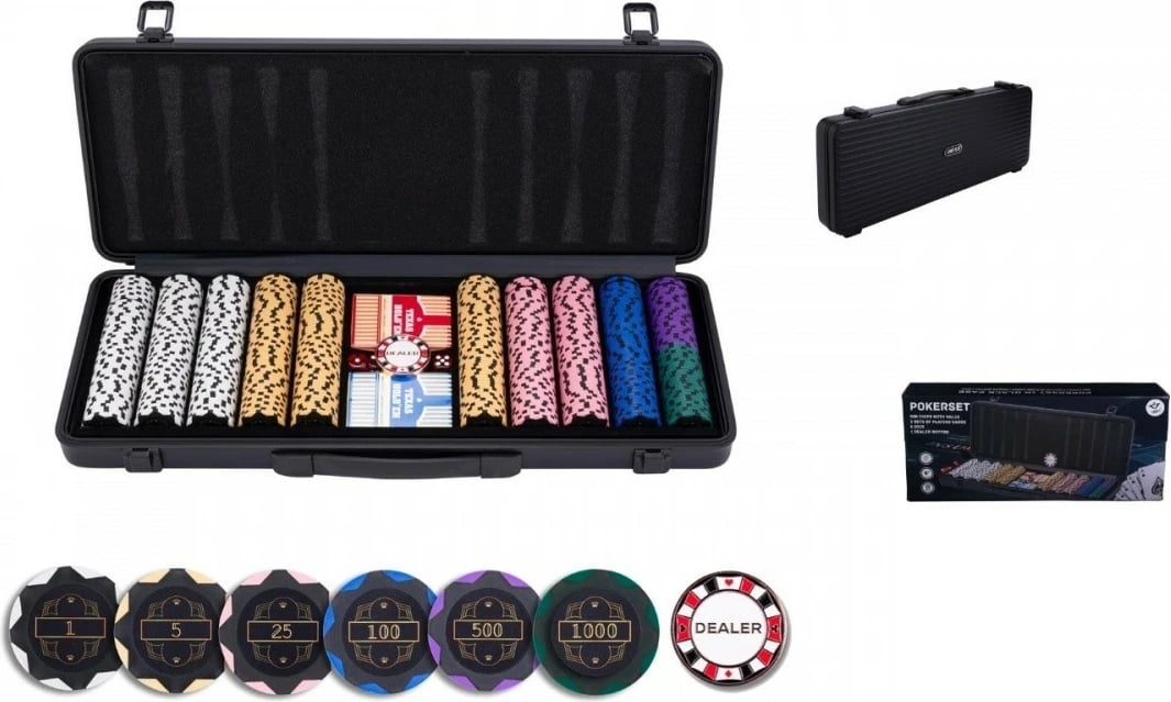 Set poker Engelhart 500 zhetona, 14g, me kuti alumini, me letra e zara