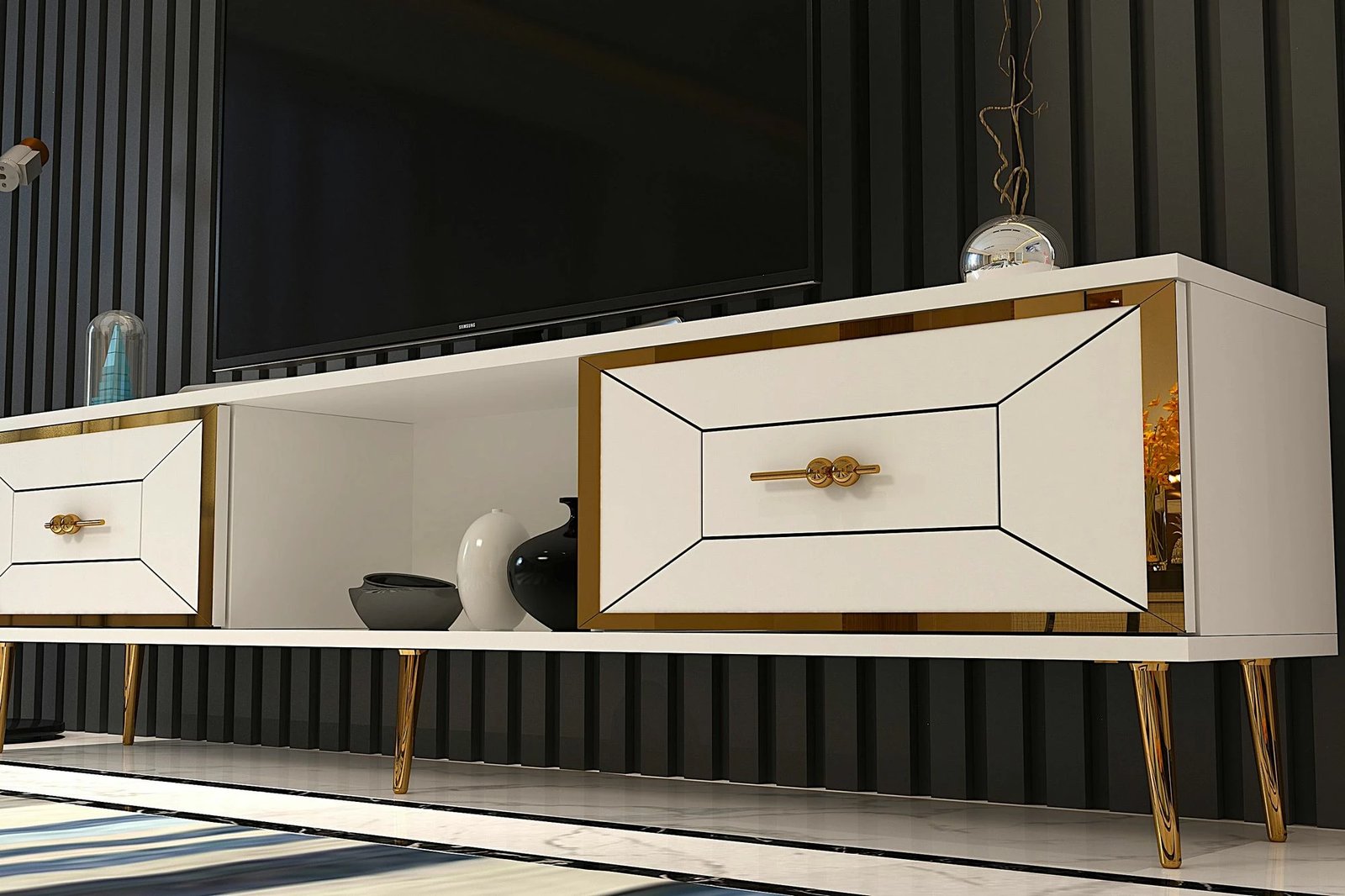 Komodë TV Skye Decor, Arno, e bardhë, ari