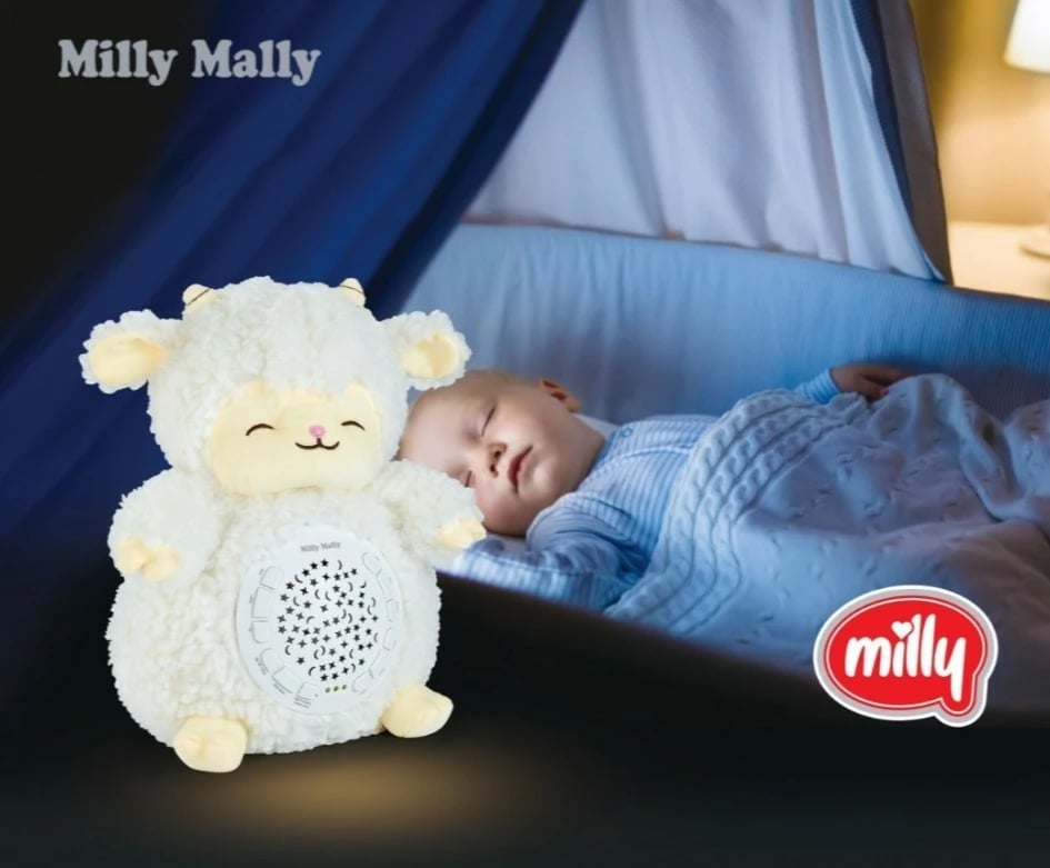 Lodër pelushi me projektor, Milly Mally Milly Sheep 5664, 10 ninulla, 5 zhurma të bardha, timer 30/60/90 min, 7 drita, me bateri AA, 30×15.5×23 cm, e bardhë