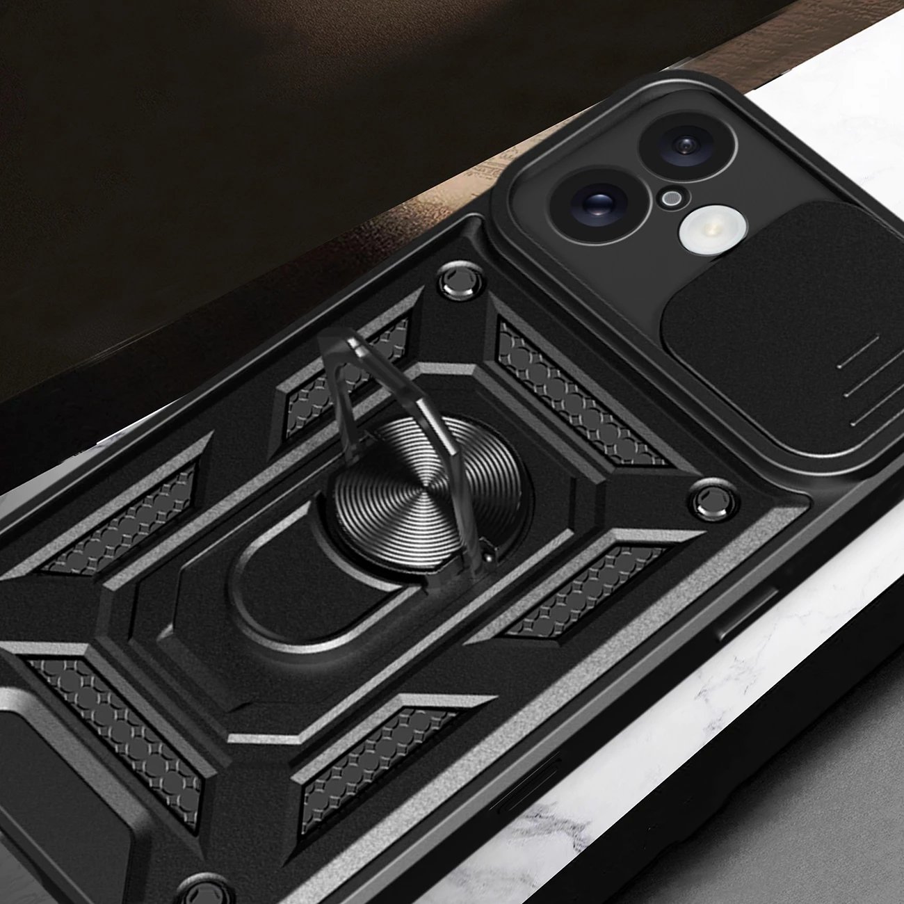 Mbështjellës Hurtel Hybrid Armor Camshield për iPhone 16, me mbulesë kamere dhe qëndrim, i zi