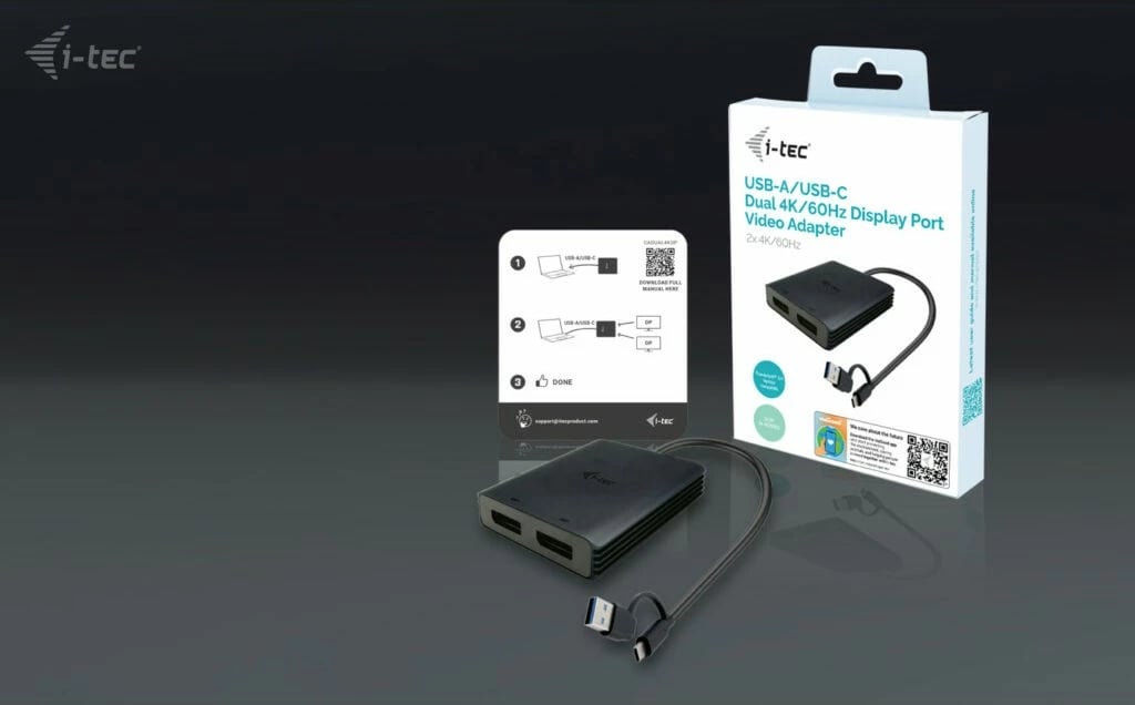 Adapter I-Tec USB-A/C në 2x DisplayPort, i zi