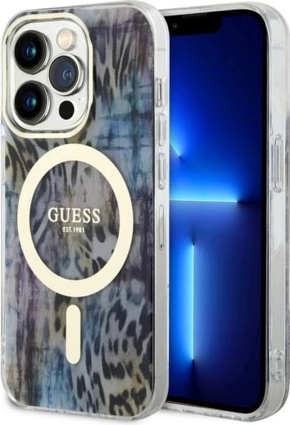 Mbështjellës Guess Leopard MagSafe për iPhone 14 Pro Max 6.7", Blu