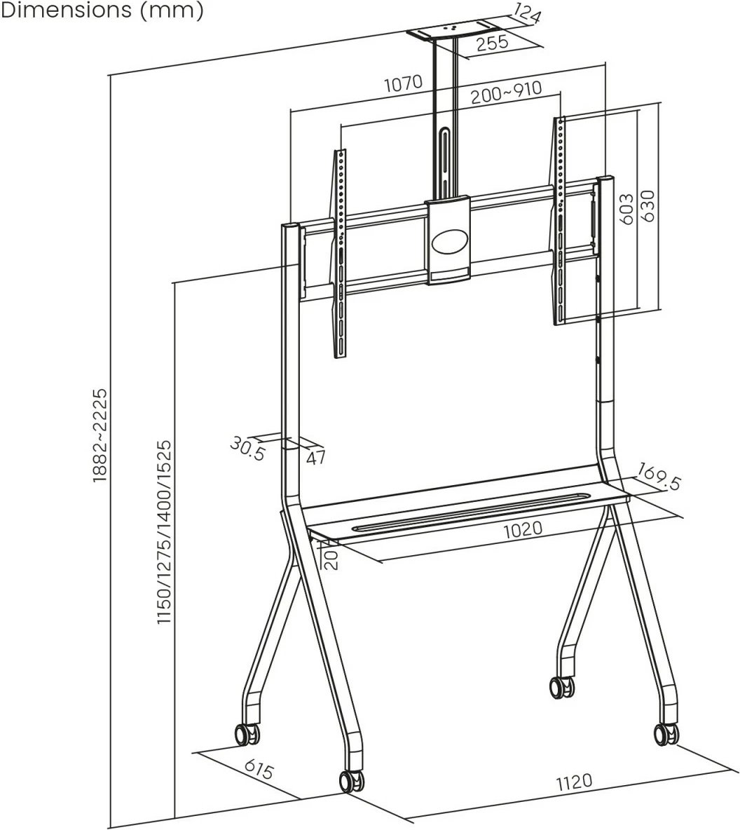 stendë TV me rrota, Maclean MC-114 W, 55–100", 120 kg, VESA deri 900×600, e bardhë