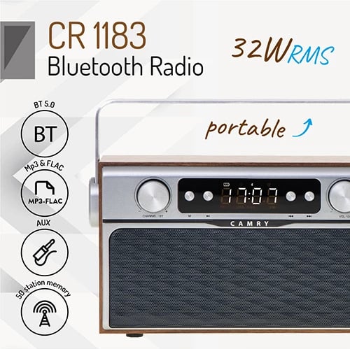 Radio Bluetooth portative, Camry CR 1183, FM, USB/SD/AUX, Bluetooth 5.0, altoparlantë stereo 2x6 W, bateri 2600 mAh