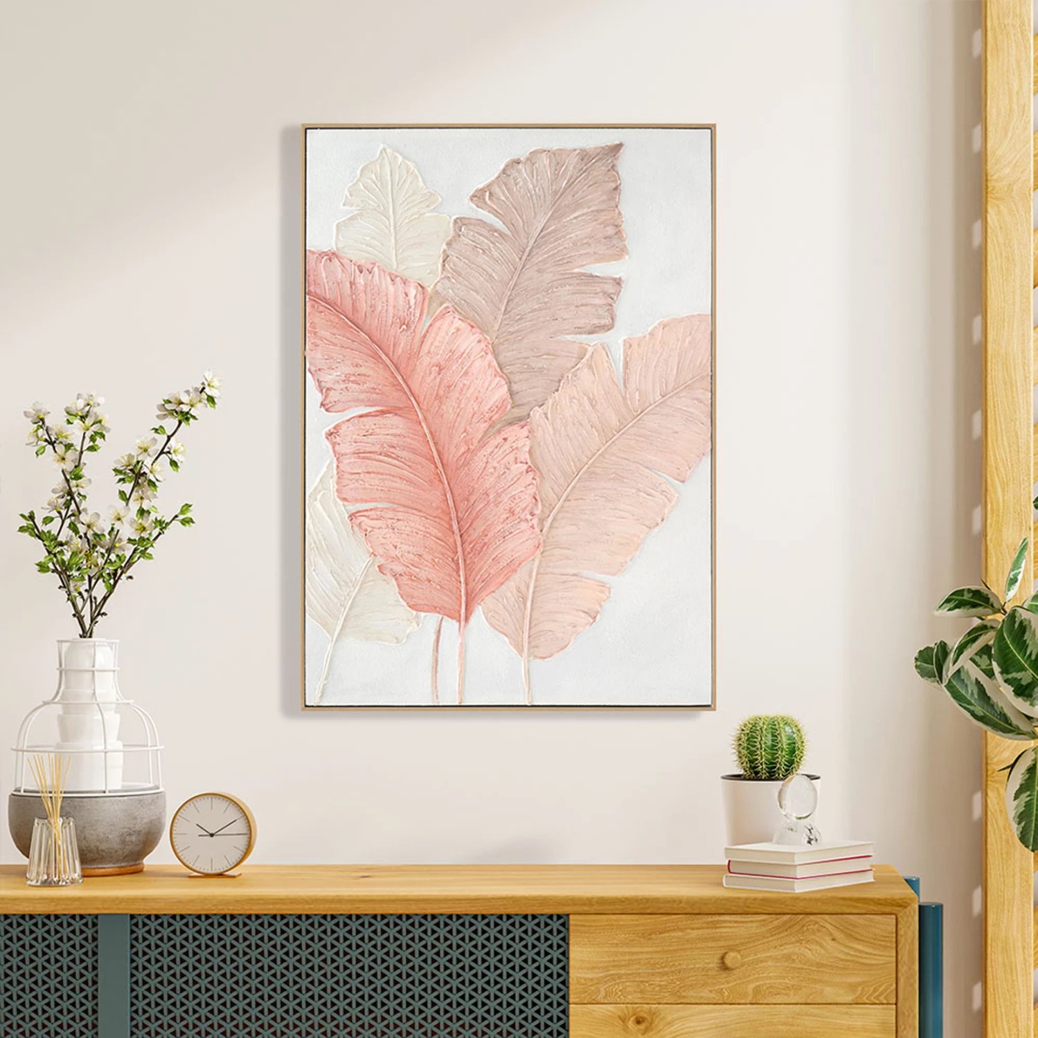 Pikturë muri FH4556 me kornizë PS ngjyrë bezhë-kanavacë gjethe të gjera 72x4,5x102H cm