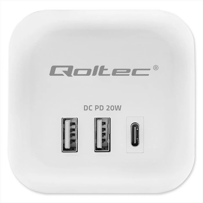 Prizë shumëfunksionale Qoltec 52548, 3x AC, 2x USB, 1x USB-C PD 20W, Bardhë