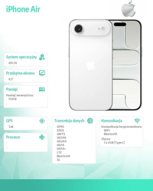 Celular, Apple iPhone Air, 512GB, 6.5", 5G, iOS 26, i bardhë White Cloud