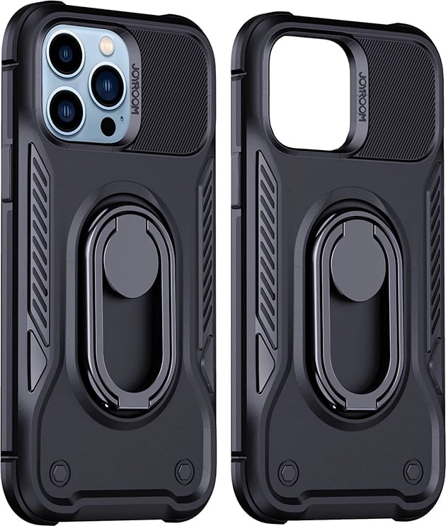 Mbështjellës Joyroom Dual Hinge për iPhone 14 Pro, me mbajtëse dhe unazë, i zi