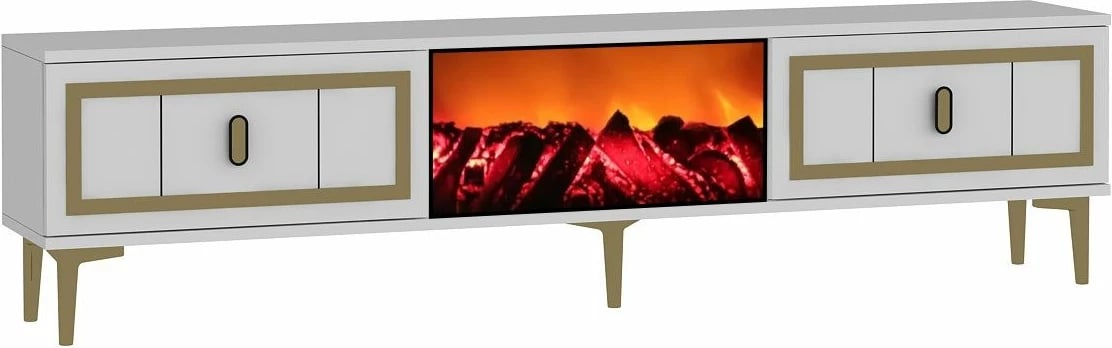 Komodë TV Skye Decor, me oxhak Orion, e bardhë dhe e artë