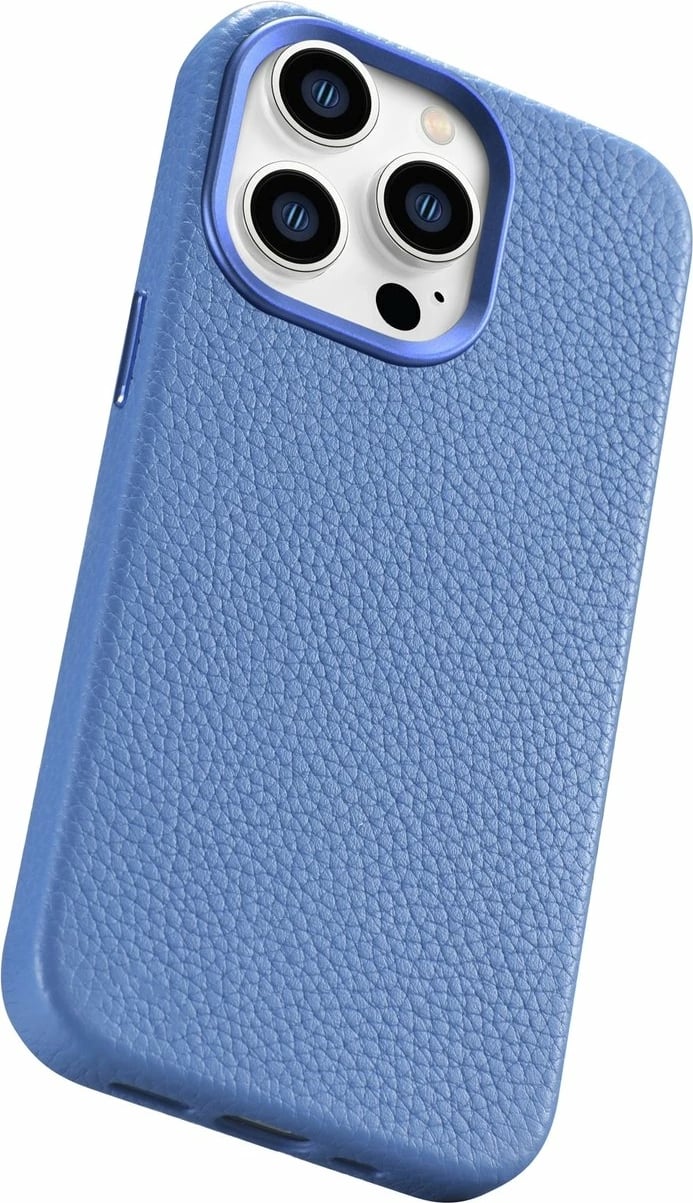 Mbështjellës iCarer Litchi Premium për iPhone 14 Pro, lëkurë natyrale, MagSafe, kaltër