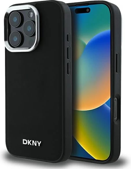 Mbështjellës DKNY Plain Silver Logo MagSafe për iPhone 16 Pro, i zi