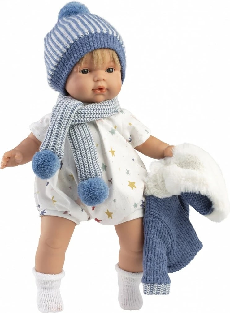 Kukull Llorens Sasha 38573 38 cm që qan, me bateri, material pambuk/vinil, me cicë, set 5 pjesë, blu e bardhë
