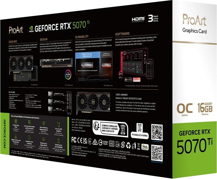 Kartelë grafike ASUS ProArt RTX5070TI-O16G, 16 GB GDDR7, Multikolor