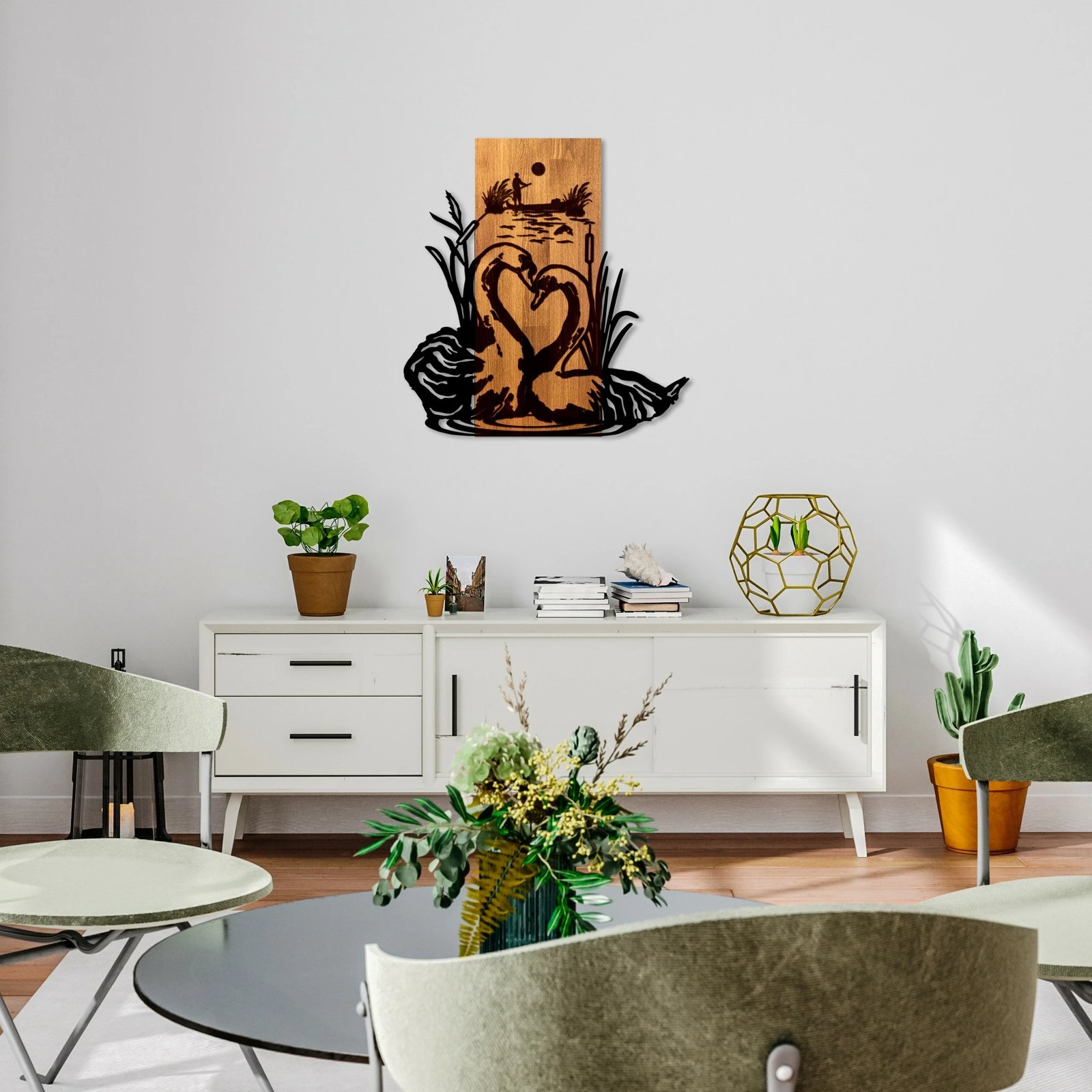 Aksesor dekorativ për mur, druri dhe metal, Swan Lake, ngjyrë arre dhe e zezë