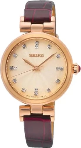 Orë dore për femra SEIKO SRZ548P1, e artë me rrip të kuq