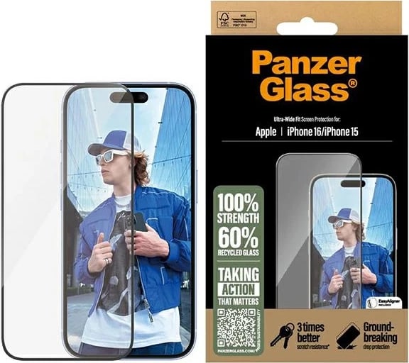 Mbrojtës ekrani PanzerGlass për iPhone 16, 6.1 inç, Ultra-Wide Fit