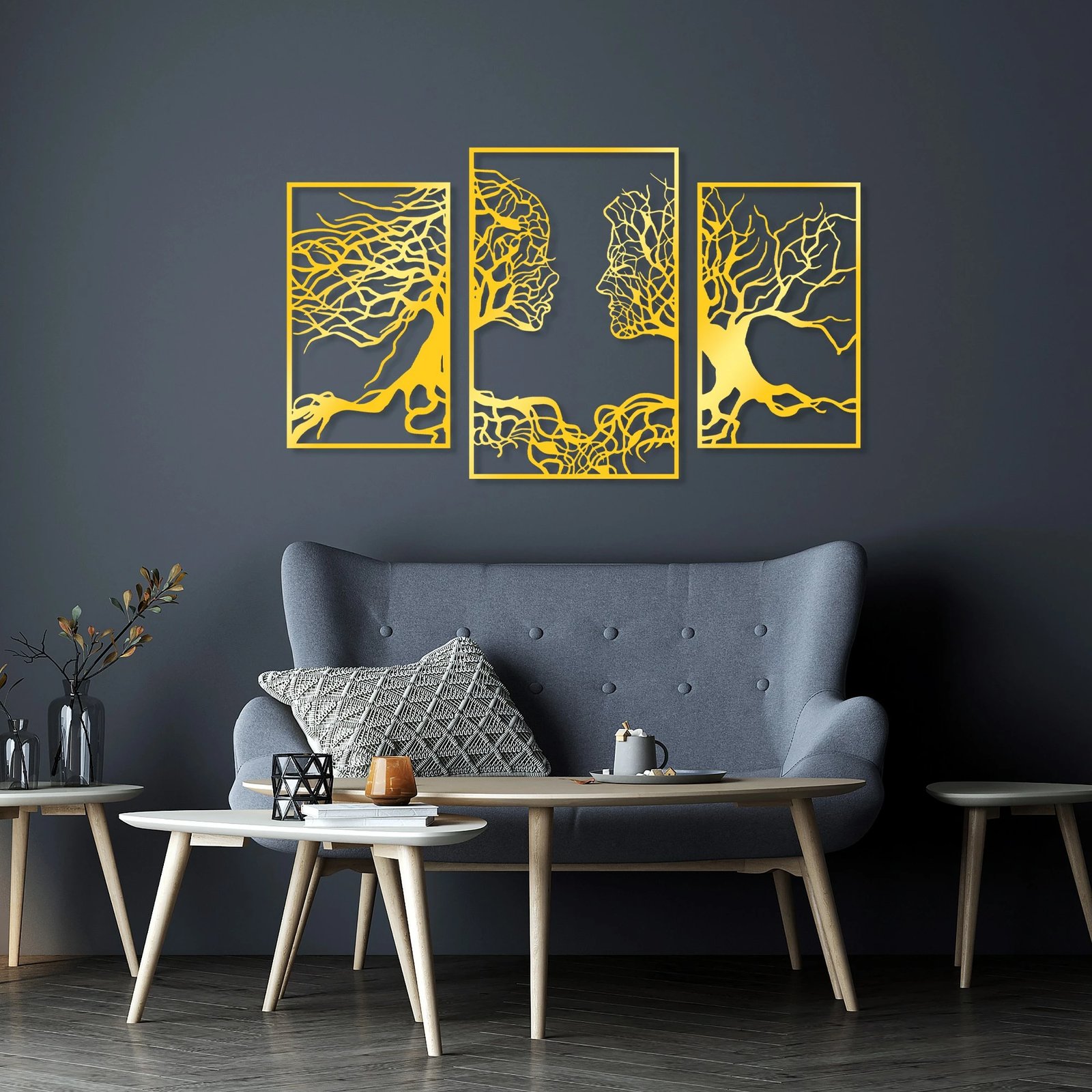 Aksesor dekorativ metalik për mur, Wallity, rrënjë të trefishta, ngjyrë ari, 116x71cm