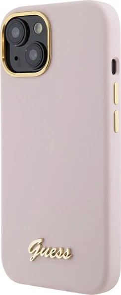 Mbështjellës Guess Silicone Script Metal Logo & Frame për iPhone 15, Rozë