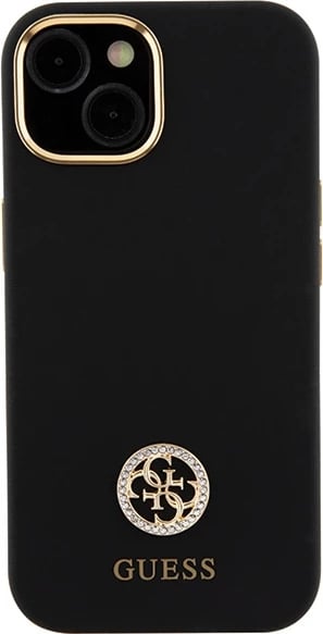 Mbështjellës Guess Silicone Logo Strass 4G për iPhone 15, i zi
